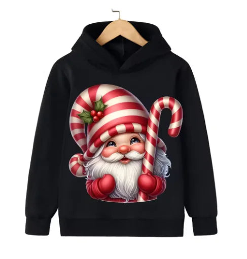 Christmas hooded sweater, cartoon-style, festive Santa Claus design, suitable for both boys and girls.