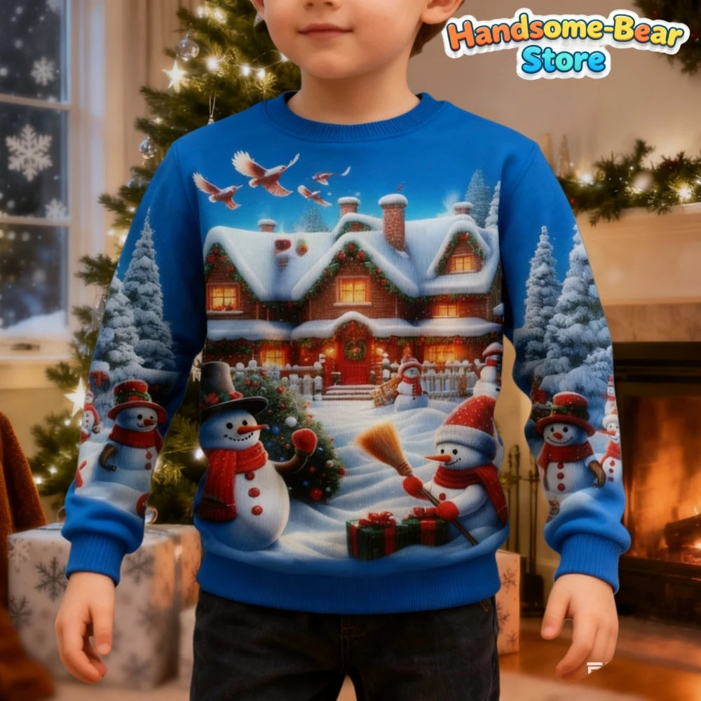 Boys Girls Xmas Sweatshirt Christmas Snowman Santa 3D Print Funny Christmas Hoodies Unisex Pullover Holiday Party Kids Clothing