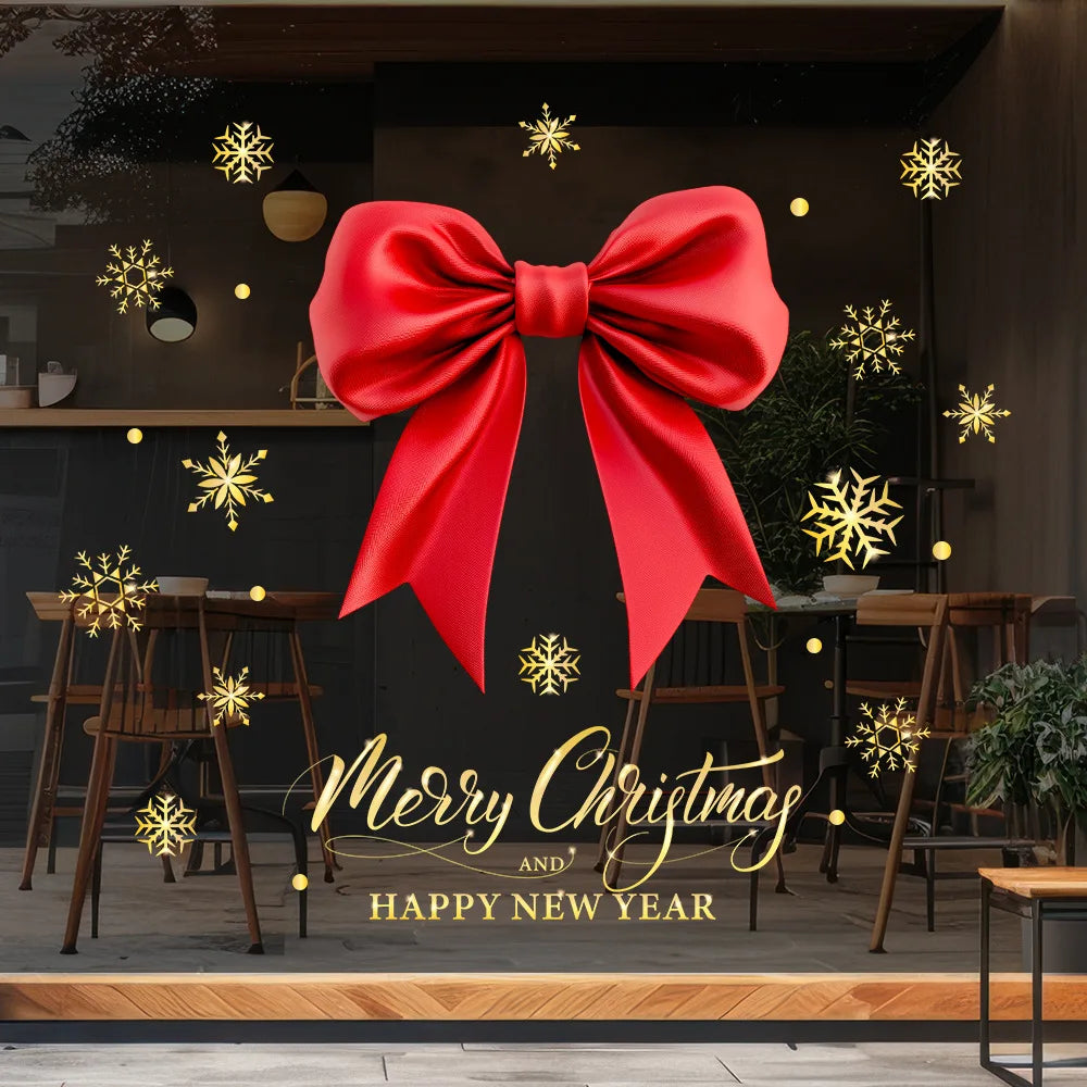 Christmas Big Red Bow Window Clings | Storefront Glass Decoration | Holiday Decals Balcony Window Decor | Festive Scene Stickers
