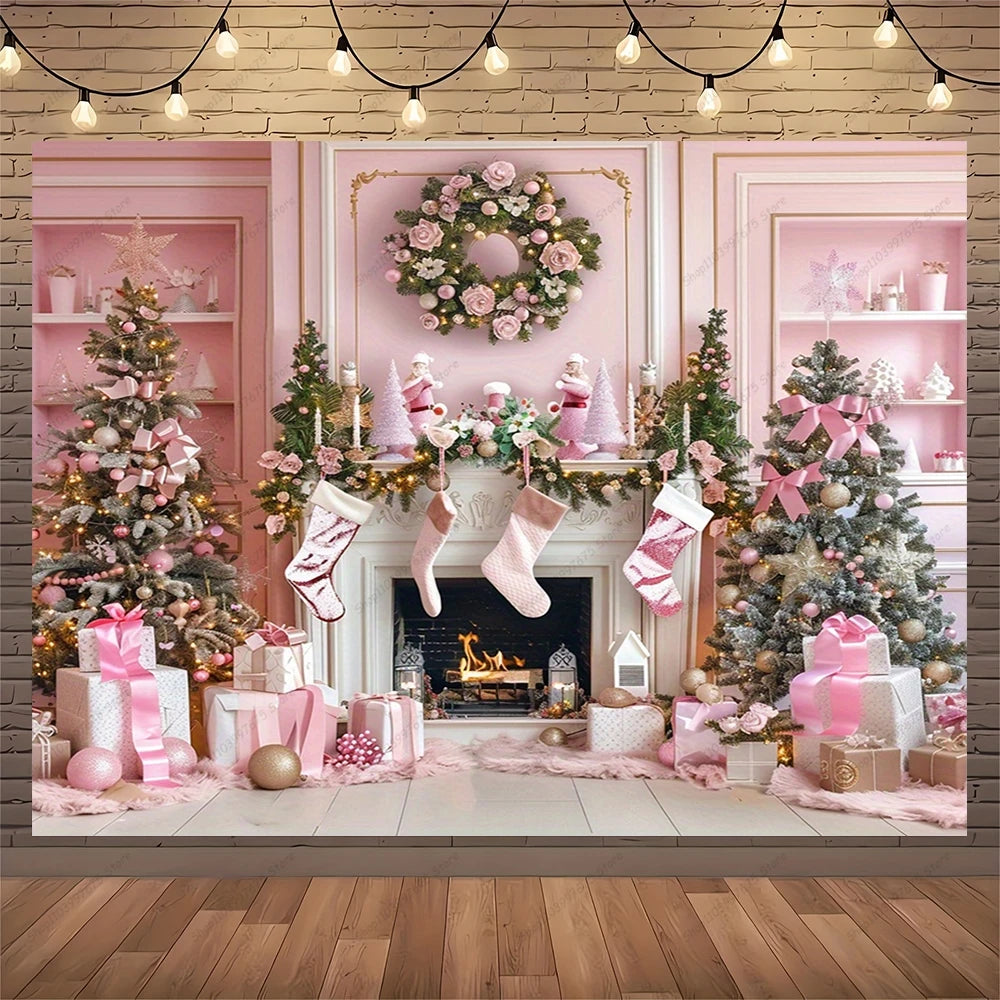 Pink Christmas Photography Backdrop Xmas Tree Fireplace Gifts Box Background Family Party Baby Shower Banner Decor Photo Studio