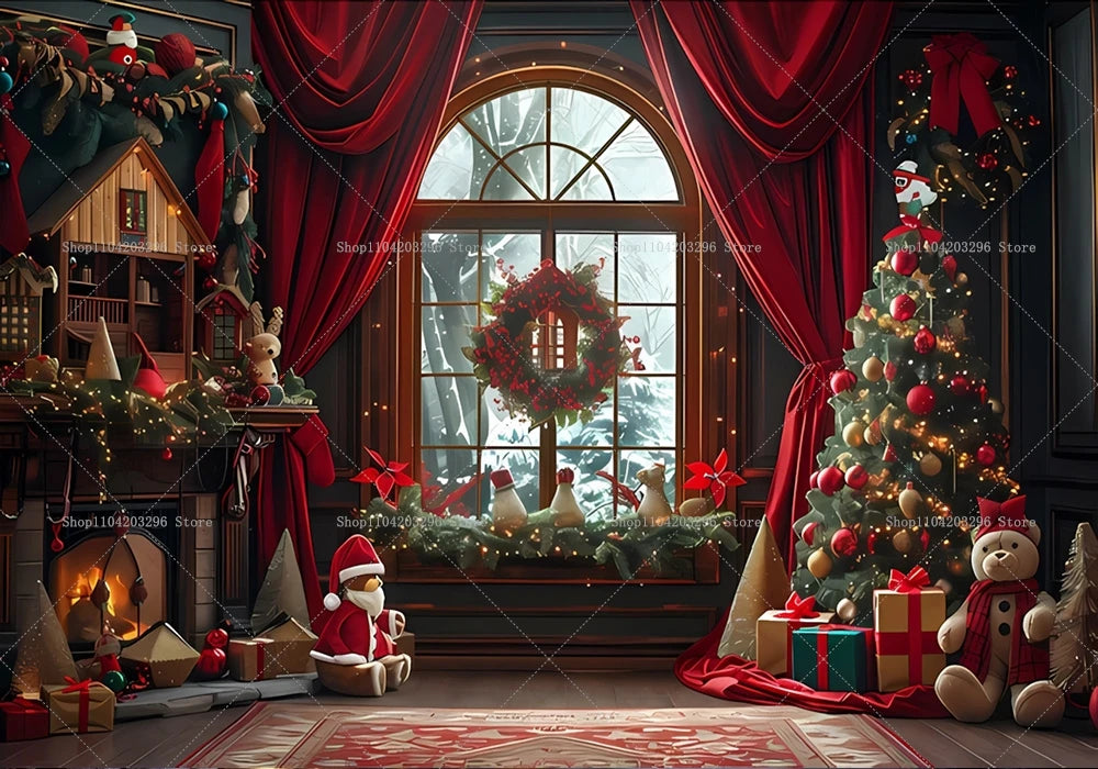 Christmas Photography Backdrop Xmas Tree Fireplace Gift Winter Window Family Kids Party Christmas Decoration Photo Background