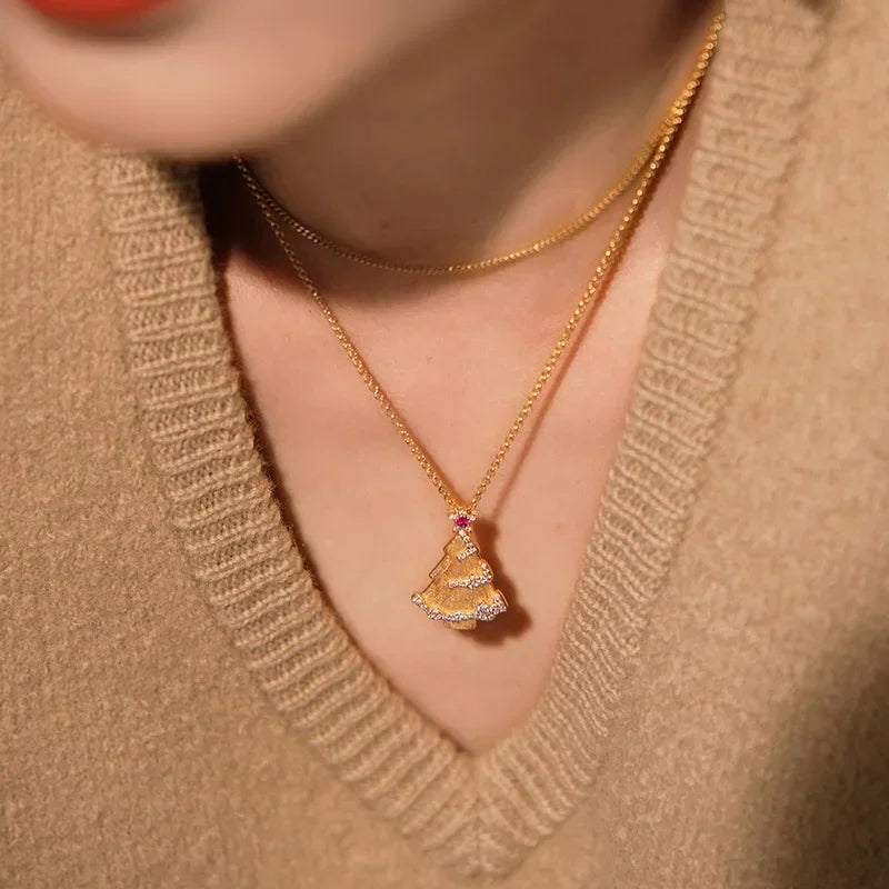 Bellux Fine Jewelry Christmas gift Christmas Tree Design Red Corundum Necklace 925 Silver Pendant New Year's Gift