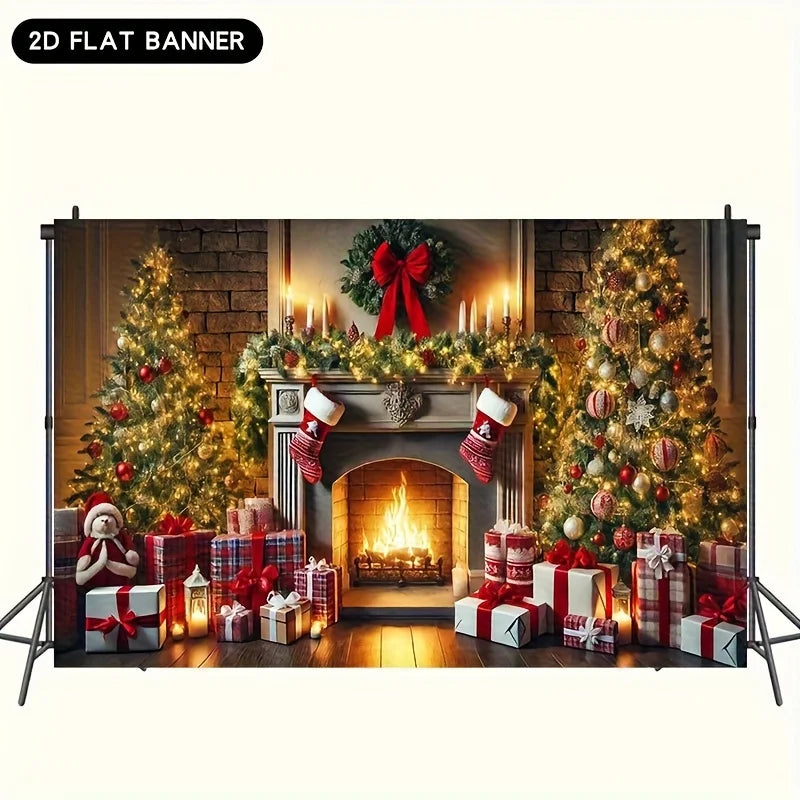 1 piece, Christmas photography background cloth - vintage fireplace and decorative tree view with gift - no electricity required