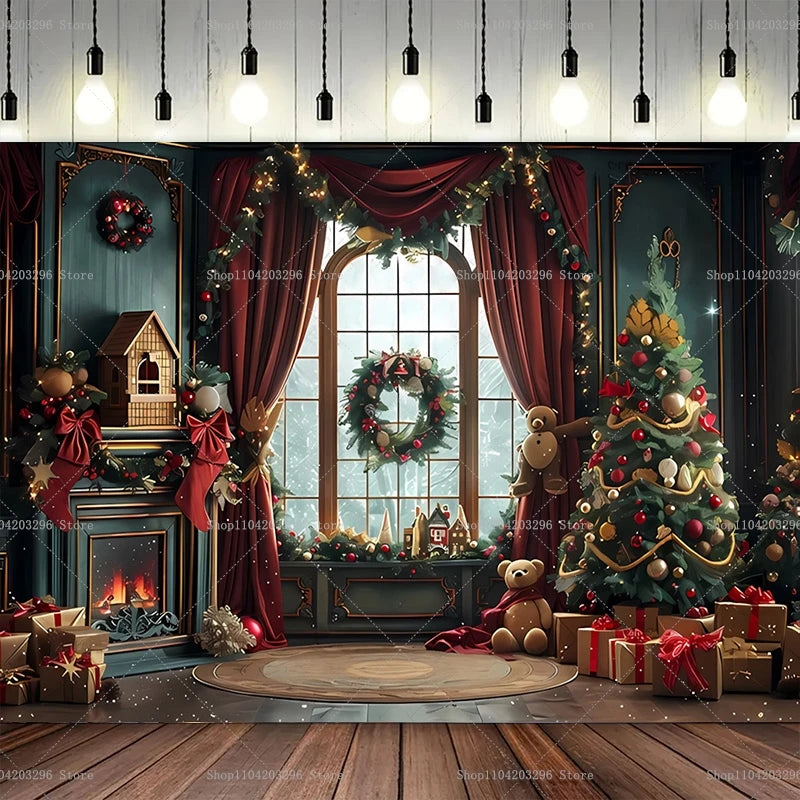 Christmas Photography Backdrop Xmas Tree Fireplace Gift Winter Window Family Kids Party Christmas Decoration Photo Background