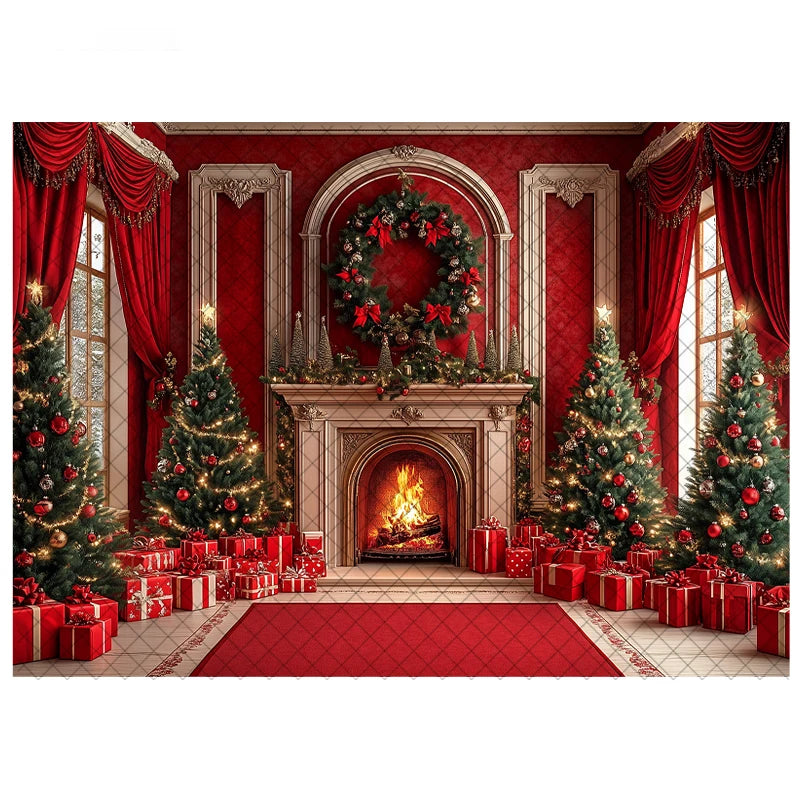 LS Photography Background Xmas Tree Red Room Christmas Fireplace Decoration Kids Holiday Portrait Photo Backdrops Studio Props