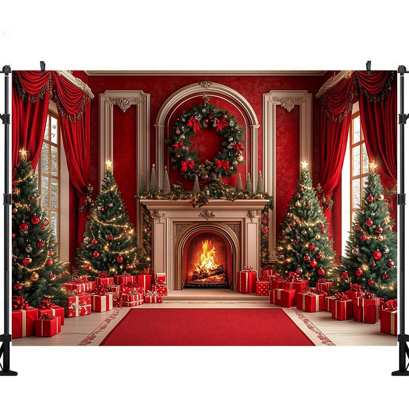 LS Photography Background Xmas Tree Red Room Christmas Fireplace Decoration Kids Holiday Portrait Photo Backdrops Studio Props
