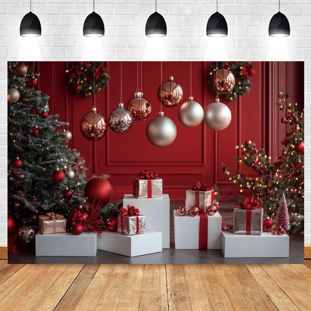 Christmas Photography Background White Christmas Balloon Pine Tree Xmas Party Kids Family Portrait Decor Backdrop Photo Studio