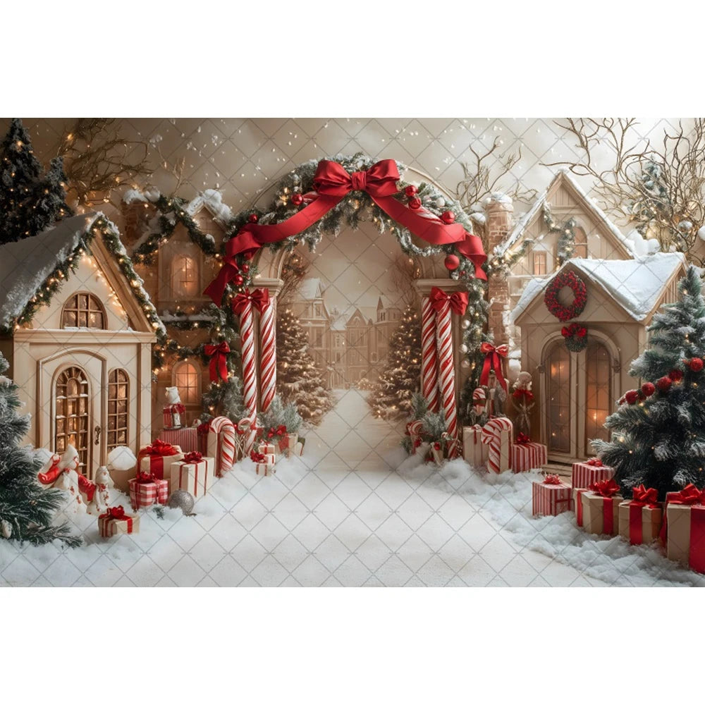 Winter Christmas Photography Background Gold Red Arch Xmas Tree Gifts Kids Family Portrait Decor Backdrop Photo Studio