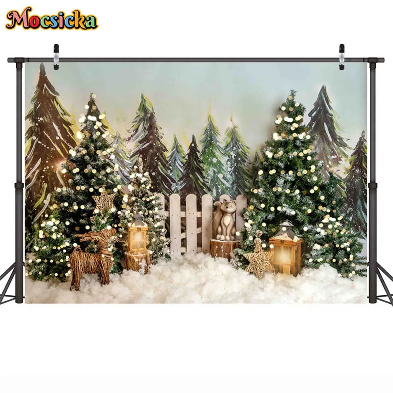 Christmas Photography Backgrounds Xmas Trees Snowy Pine Trees Luminous Strip Fence Backdrops Children Portraits Photos Studio