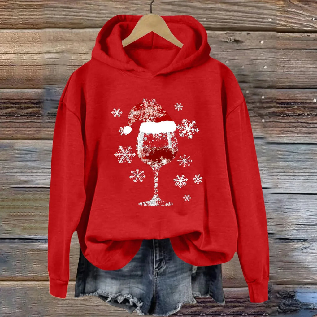 Womens Christmas Hoodie Sweatshirt Casual Fashion Red Wine Glass Printed Long Sleeve Hooded Sweatshirts Xmas Look New Year Gifts
