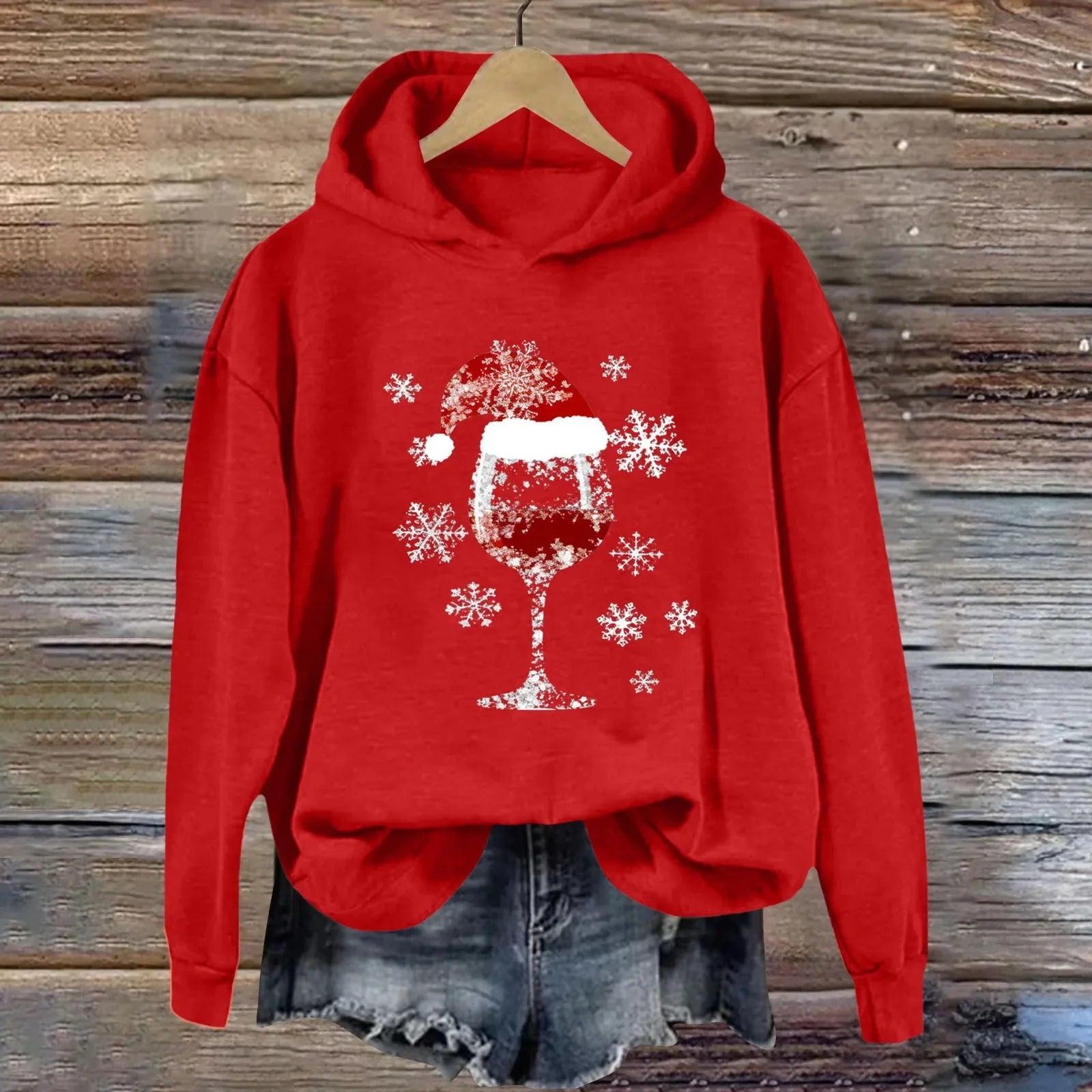 Womens Christmas Hoodie Sweatshirt Casual Fashion Red Wine Glass Printed Long Sleeve Hooded Sweatshirts Xmas Look New Year Gifts