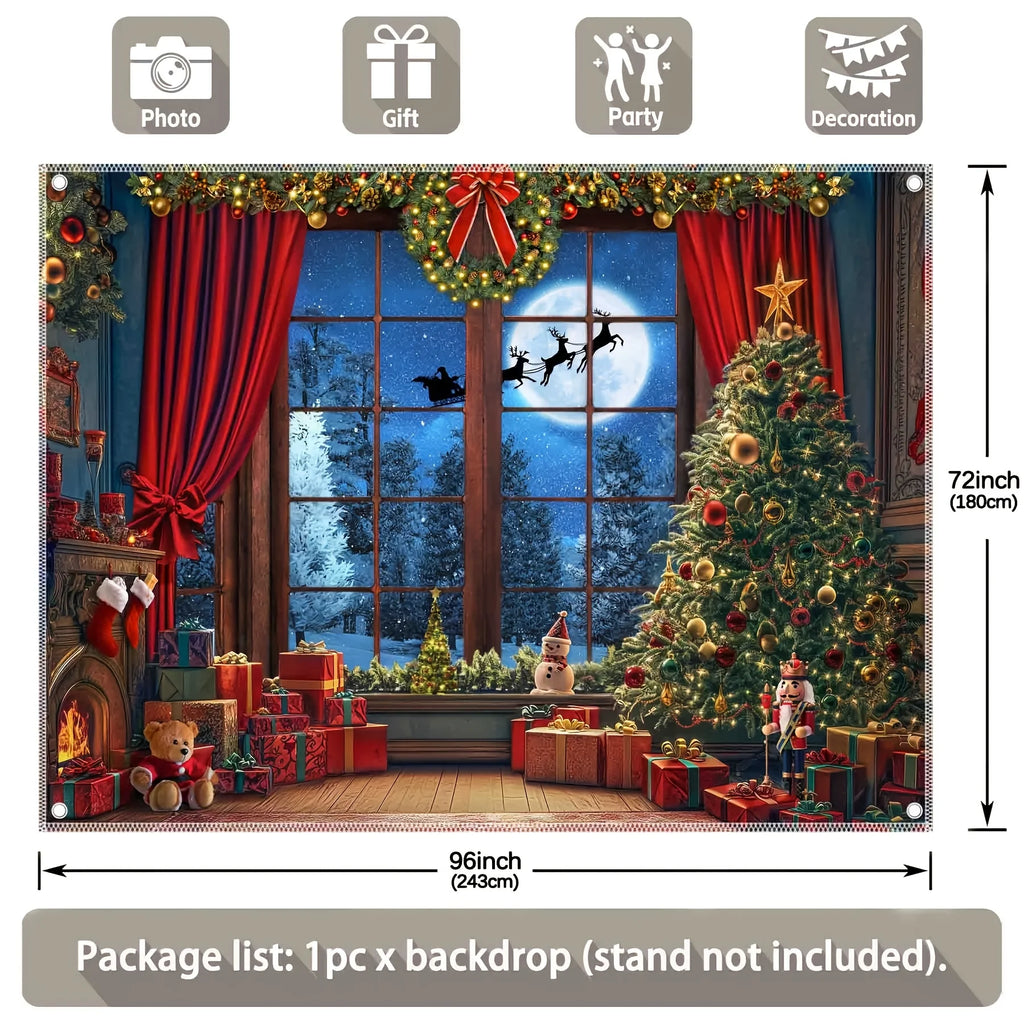 Christmas photography background with moon, deer, tree, red curtains, snowman, starry sky forest, holiday wall hanging flag