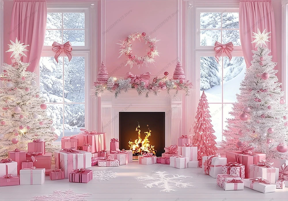Pink Christmas Photography Backdrop Xmas Tree Fireplace Gifts Box Background Family Party Baby Shower Banner Decor Photo Studio