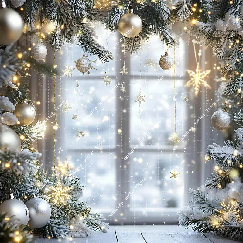 Christmas Celebration Photography Background Winter Window Glitter Xmas Tree Kids Family Portrait Decor Backdrop Photo Studio