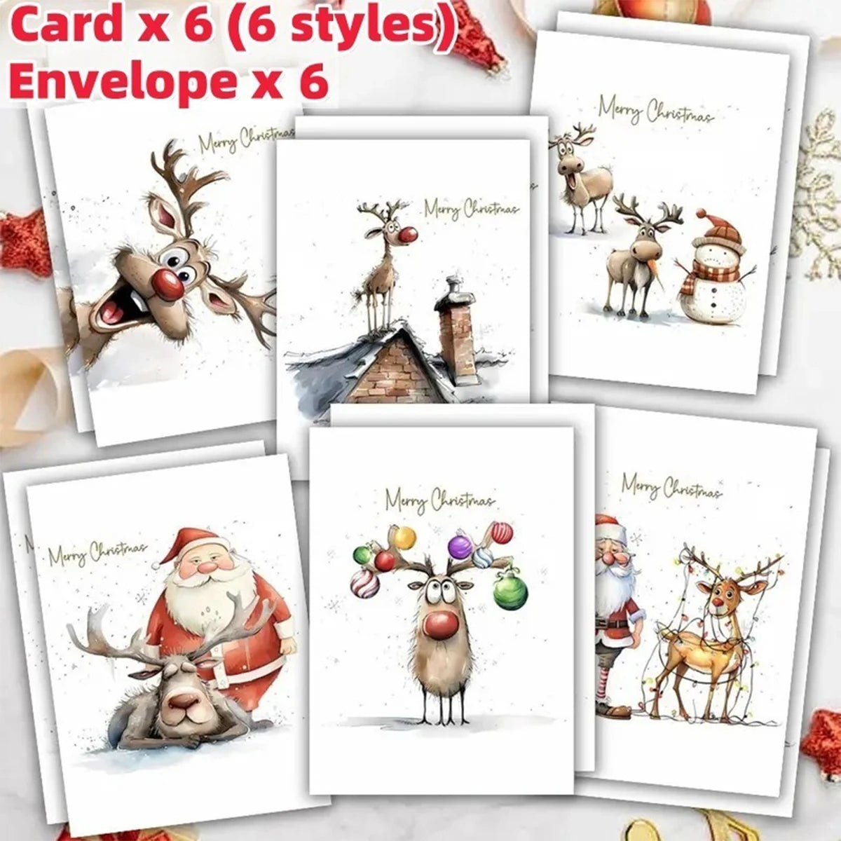 6 Set Festive Christmas Greeting Cards, With Envelopes, Thank You Greeting Cards for Christmas and New Year