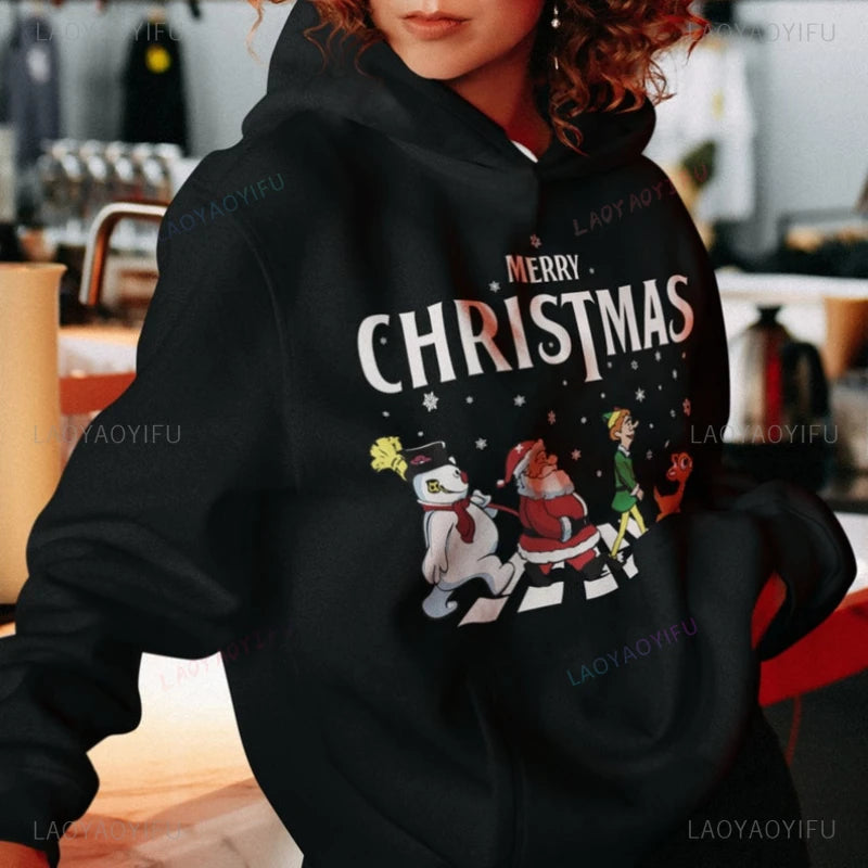 Merry Christmas Santa Claus and Elf Man Red Hoodie Autumn and Winter Drop Shoulder New Year Xmas Gift Sweatshirt Woman Clothes