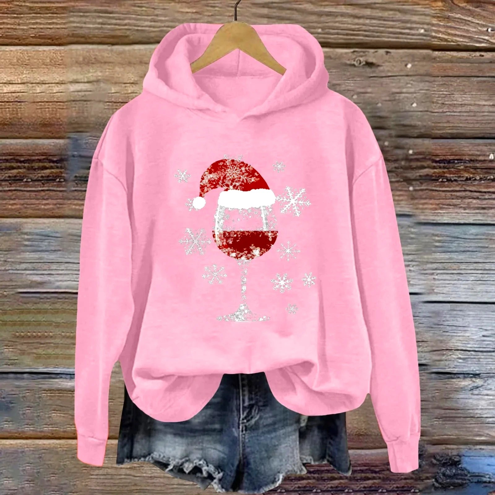 Womens Christmas Hoodie Sweatshirt Casual Fashion Red Wine Glass Printed Long Sleeve Hooded Sweatshirts Xmas Look New Year Gifts
