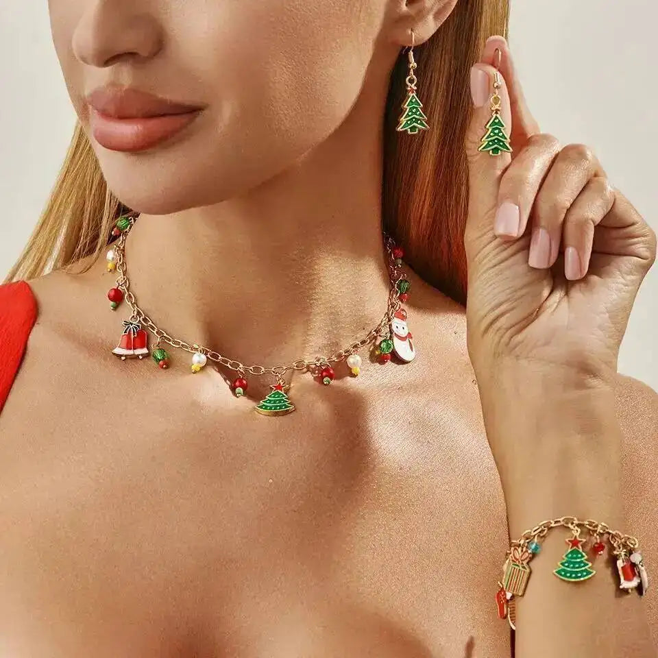 Christmas Tree Santa Snowman Jewelry Set - Trendy Festival Pendant Necklace Bracelet Earring Women's Xmas Gift